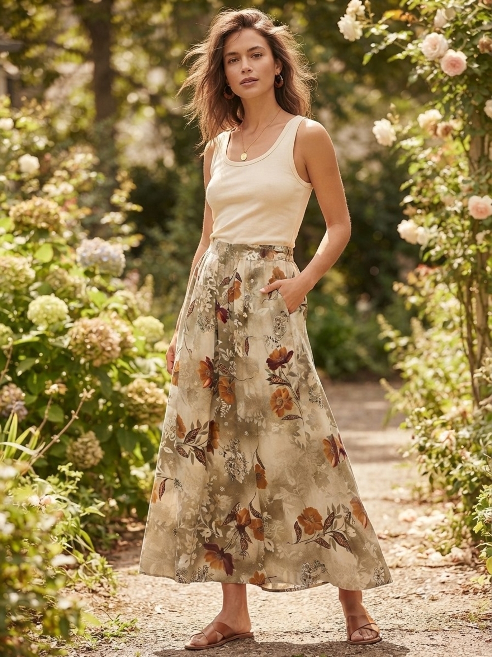 Sag Harbor Vintage Floral Rayon Maxi Skirt Cottagecore Boho Pockets Small